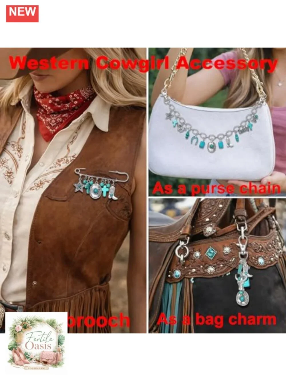 Western Bag Chain Charm Set - Purse Strap Extender with Keychain & Brooch